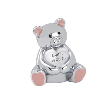 Sparebøsse bamse, krom med navn